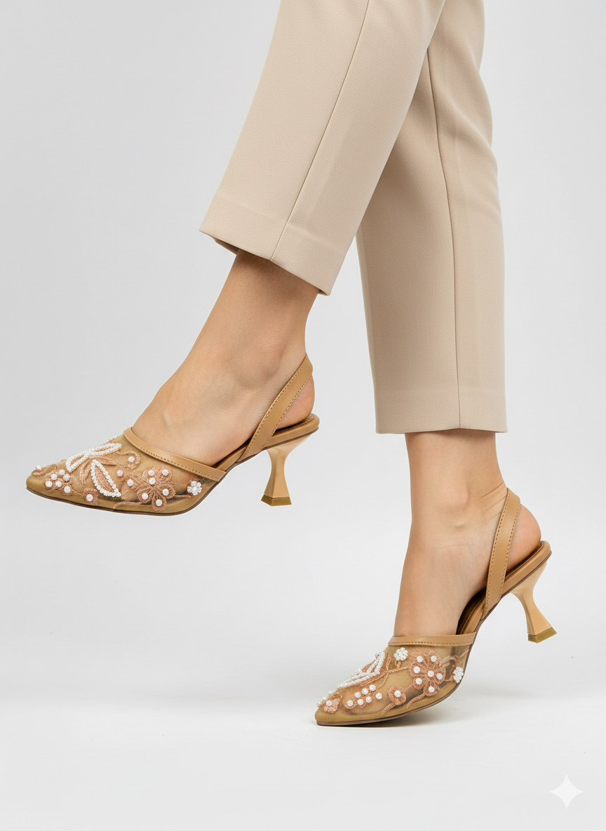 Nude Embellished Mesh Heels