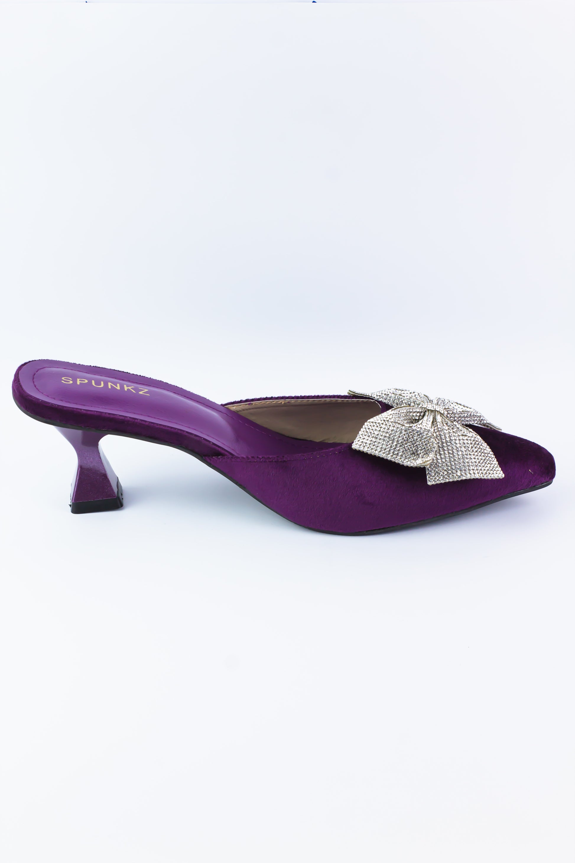 Emma Rhinestones Bow Purple Velvet Mules - Spunkz