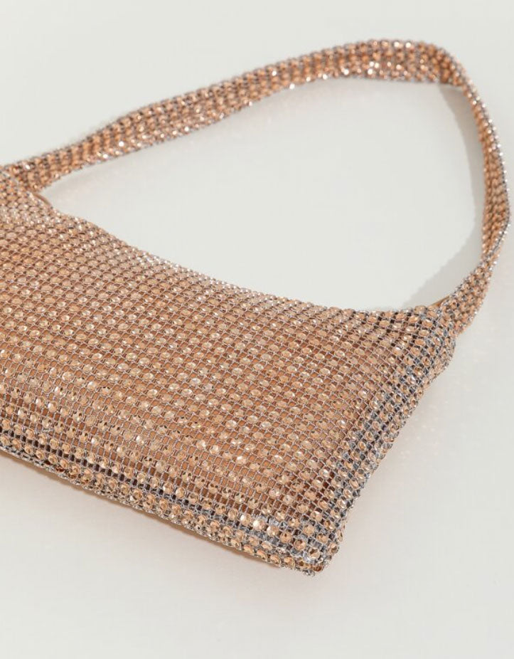 Champagne Color Rhinestone Decorated Zippered Evening Bag - Spunkz