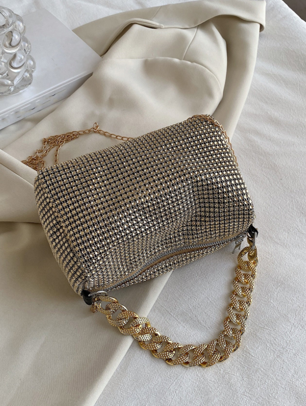 Checkered Pattern Rhinestone Decor Square Bag With Wristlet