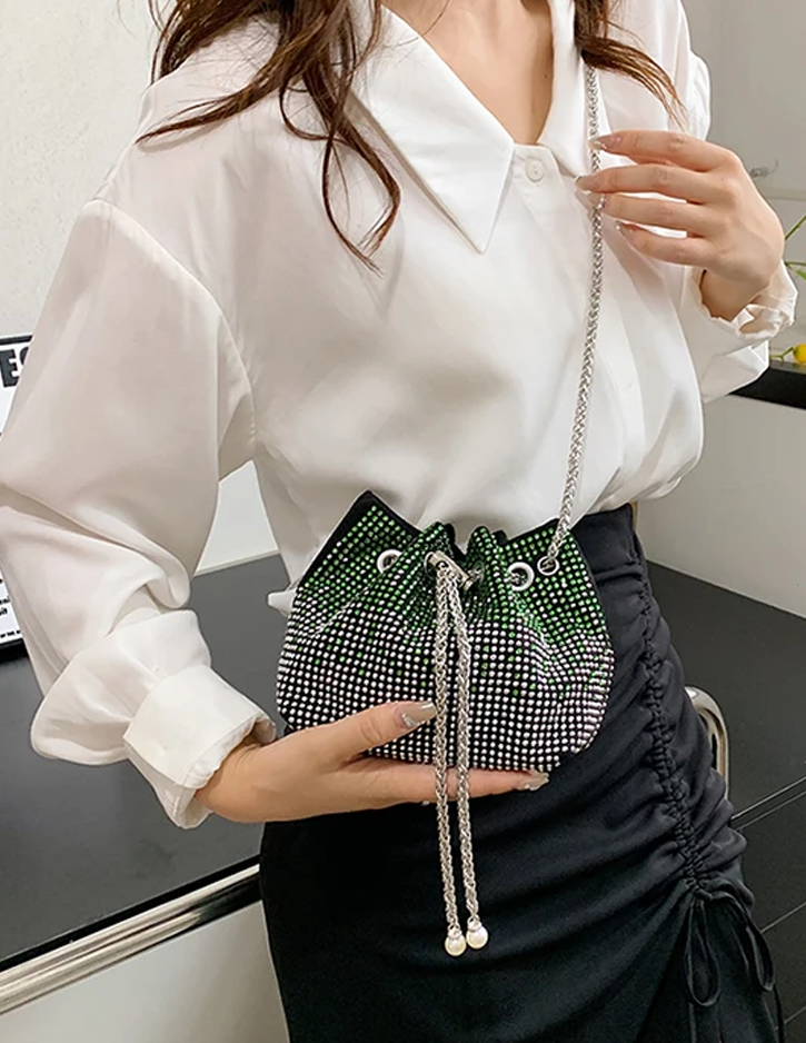 Multicolor Rhinestone Crossbody Chain Bucket Bag - Spunkz