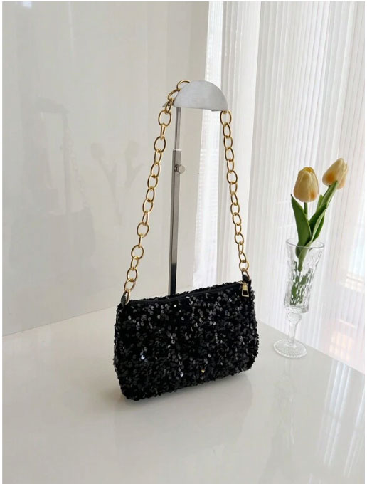 Metallic Chain Strap Sequin Shoulder Bag - Spunkz