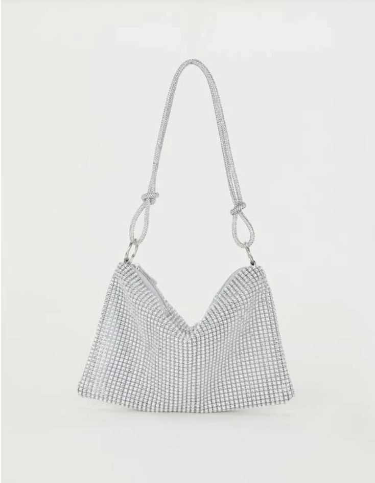 Rhinestone Decor Glitter Bling Silver Hobo Bag with Shoulder Strap - Spunkz