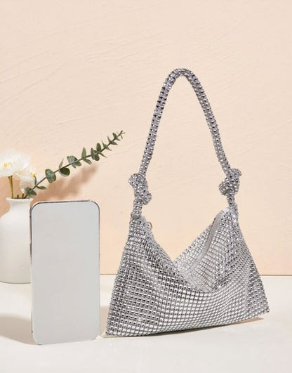 Rhinestone Decor Silver Glamorous Twisted Rope Hobo Bag - Spunkz