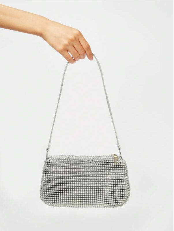 Shiny Silver Rhinestone Decor Baguette Bag - Spunkz