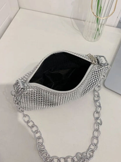 Silver Rhinestone Decor Chain Square Bag - Spunkz