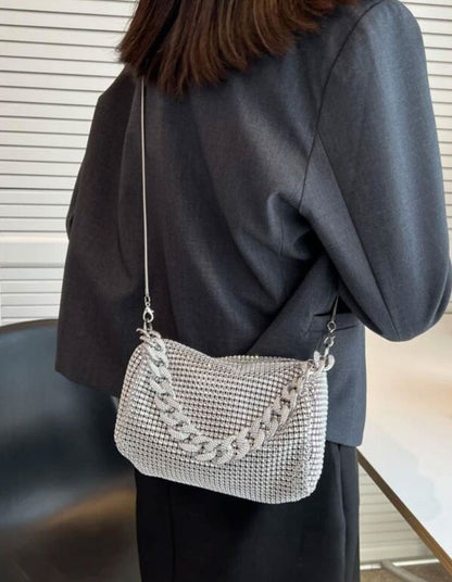 Rhinestone Decor Diamond Square Silver Chain Bag - Spunkz