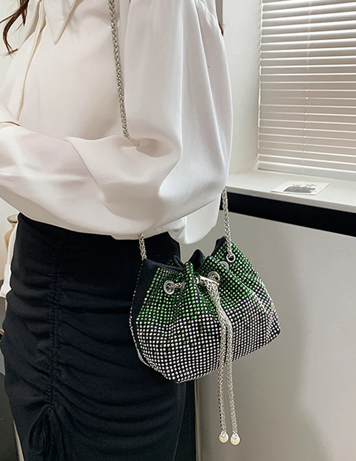 Multicolor Rhinestone Crossbody Chain Bucket Bag - Spunkz