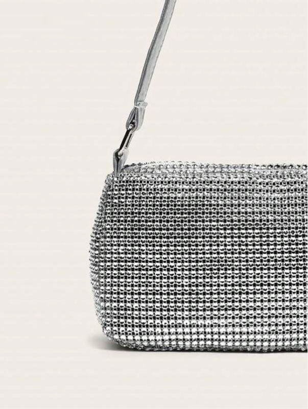 Shiny Silver Rhinestone Decor Baguette Bag - Spunkz