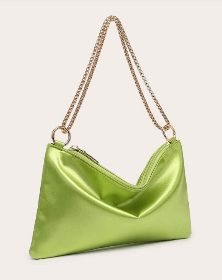 Stylish Lime Green Satin Ring Linked Square Bag