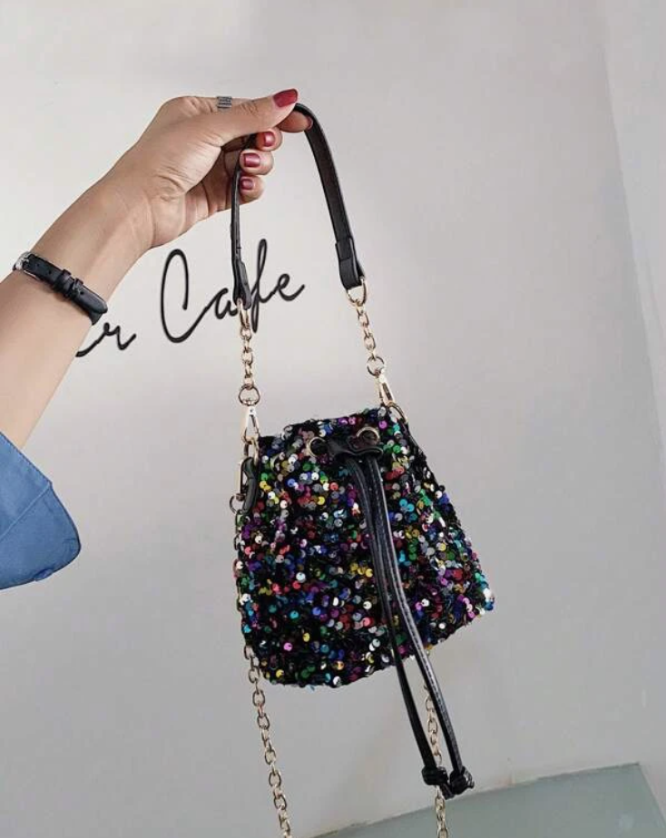 Sequin Decor Drawstring Bucket Shoulder Bag - Spunkz