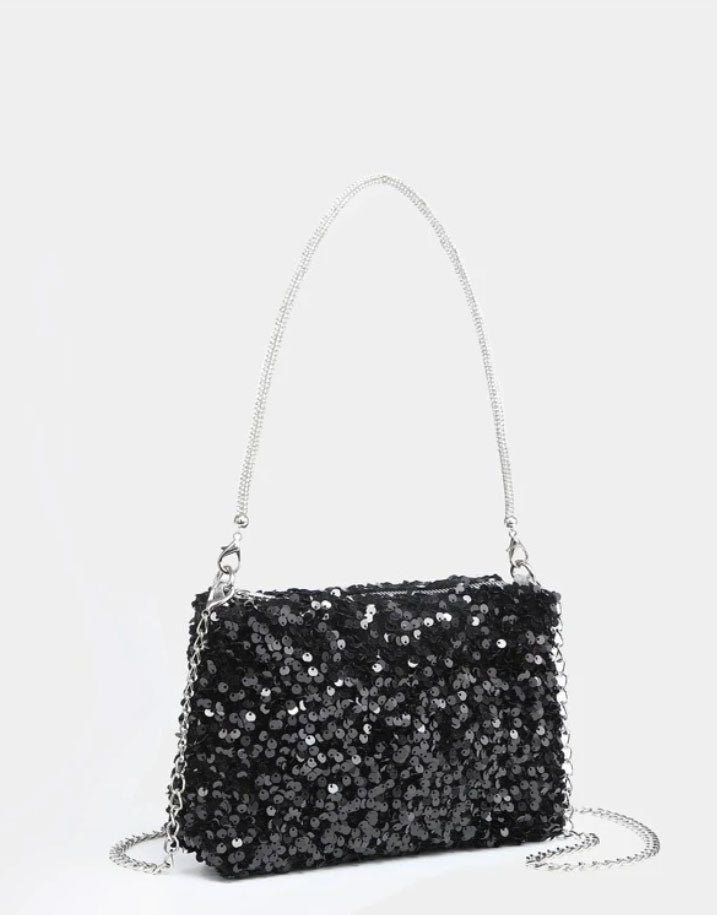 Glitter Bling Black Mini Sequin Square Evening Bag - Spunkz