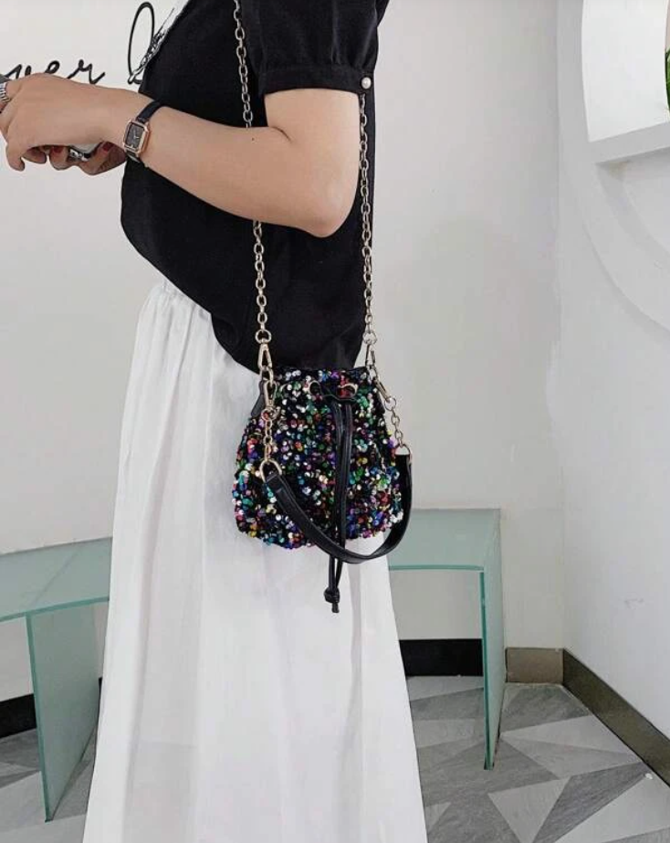 Sequin Decor Drawstring Bucket Shoulder Bag