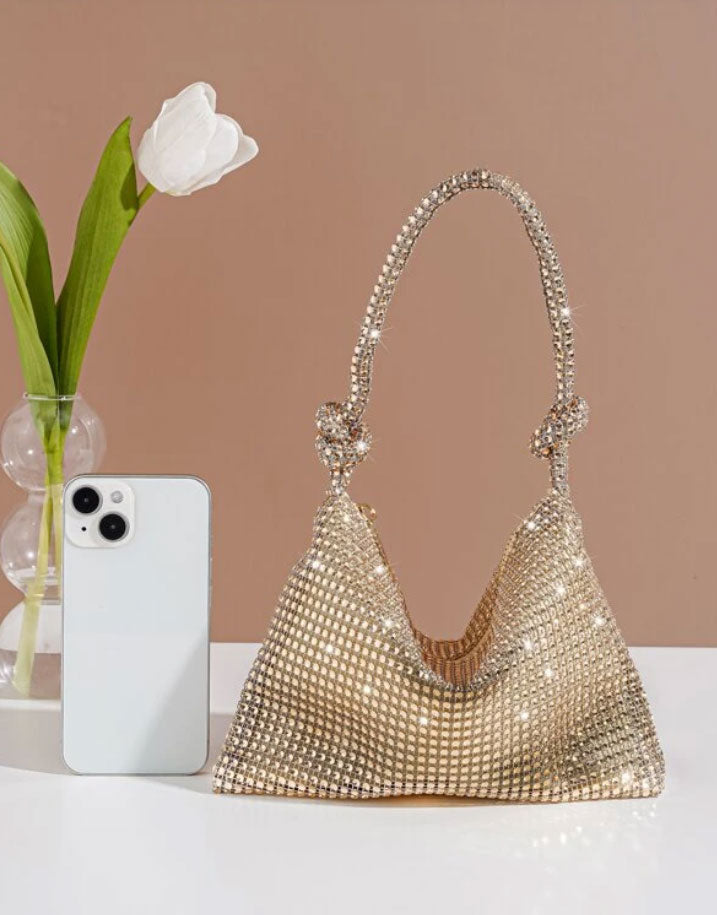 Rhinestone Glitter Bling Luxury Twist handle champagne Hobo Bag - Spunkz