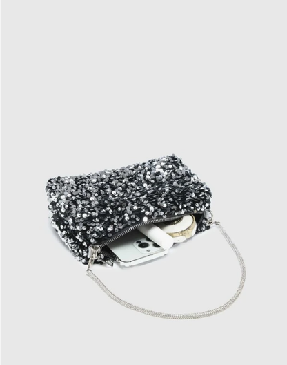 Silver Glitter Bling Shiny Sequin Square Bag with Decor Chain - Spunkz