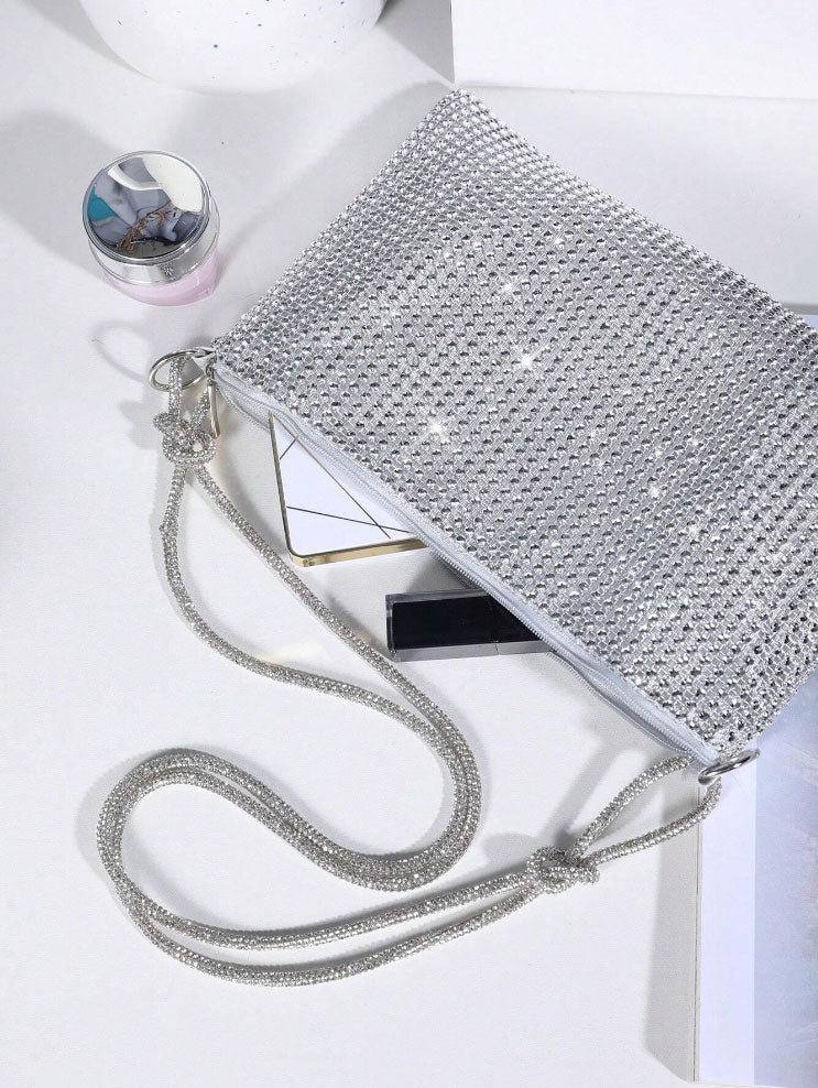 Sparkling Silver Rhinestone Rope Strap Evening Purse - Spunkz