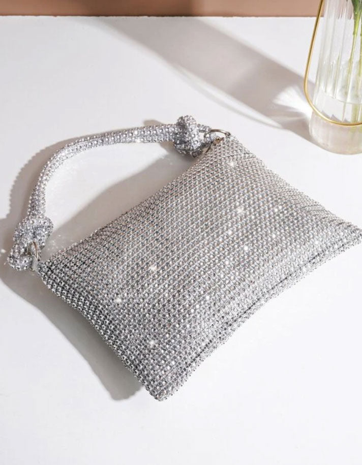 Glitter Bling Silver Rhinestone Evening Bag - Spunkz