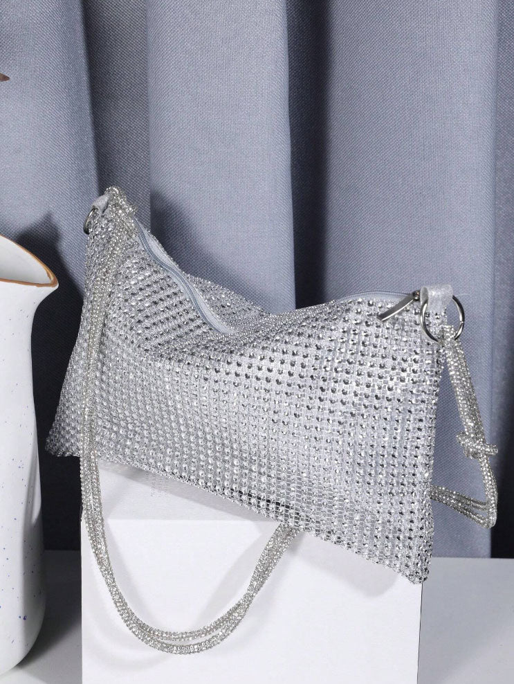 Sparkling Silver Rhinestone Rope Strap Evening Purse - Spunkz