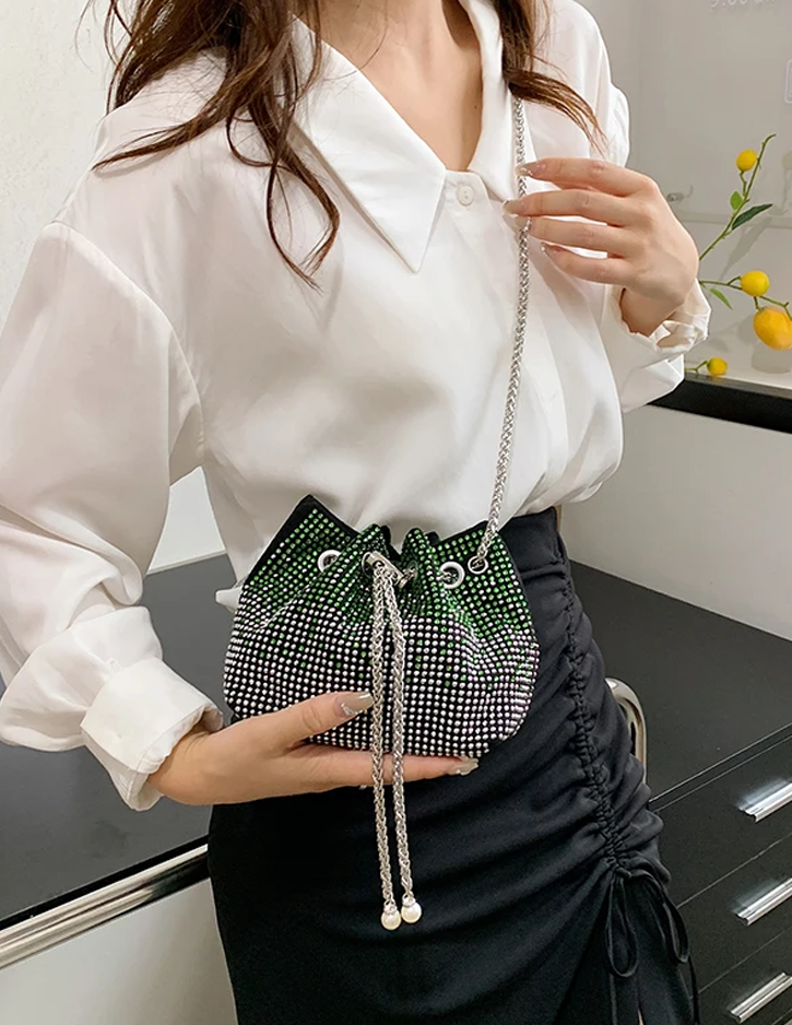 Multicolor Rhinestone Crossbody Chain Bucket Bag - Spunkz