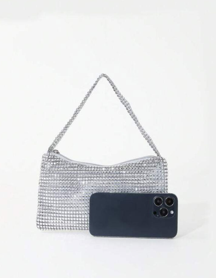 Silver Rhinestone-Adorned Glitter Shoulder Hobo Bag