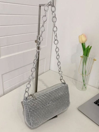 Silver Rhinestone Decor Chain Square Bag - Spunkz