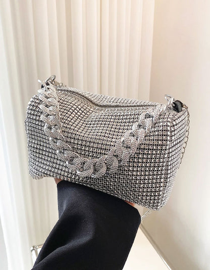 Rhinestone Decor Diamond Square Silver Chain Bag - Spunkz