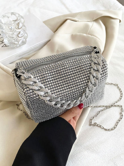 Rhinestone Decor Diamond Square Silver Chain Bag - Spunkz