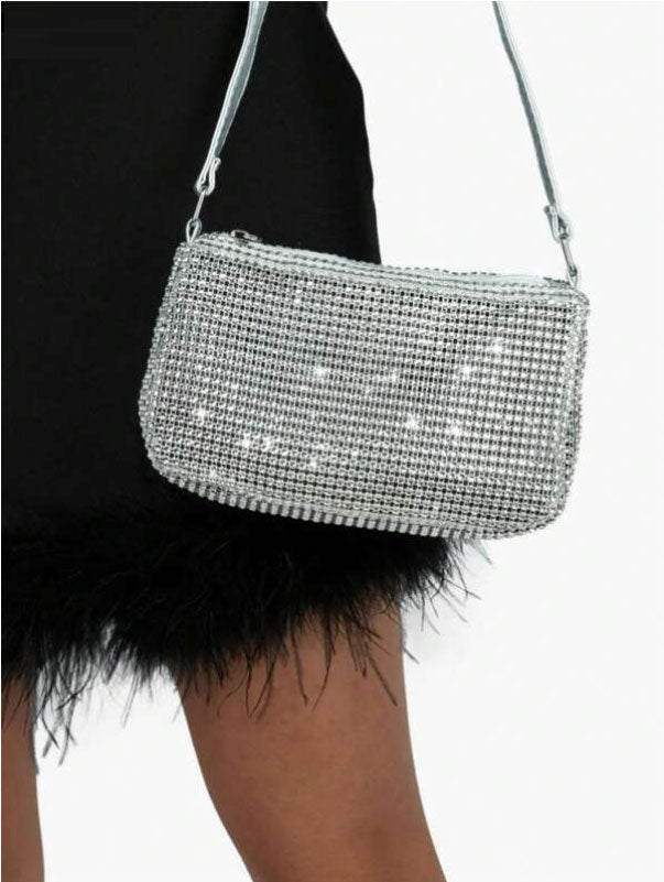 Shiny Silver Rhinestone Decor Baguette Bag
