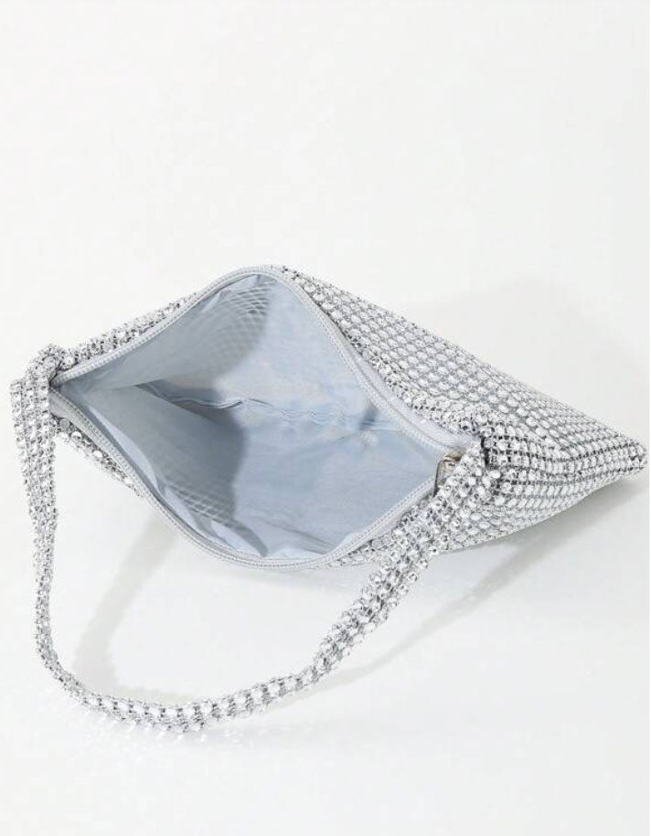 Silver Rhinestone-Adorned Glitter Shoulder Hobo Bag