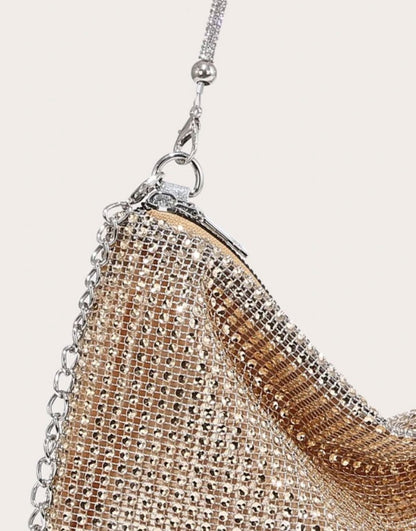 Golden Rhinestone Sparkly Evening Bag with Silver Chain - Spunkz