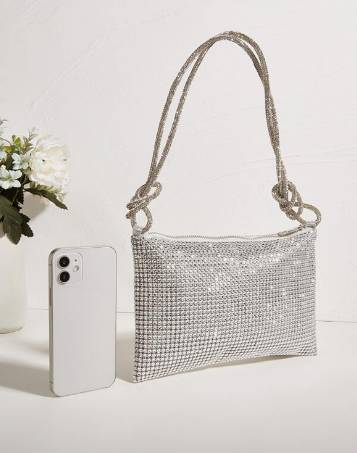 Silver Rhinestone Rope Bag with Faux Pearl Accents
