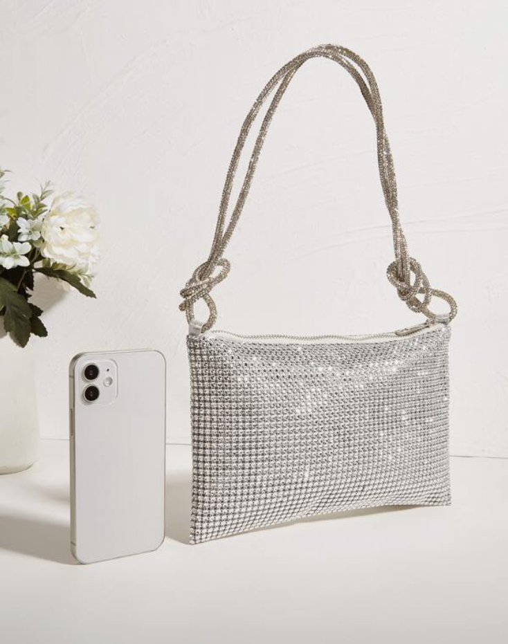 Silver Rhinestone Rope Bag with Faux Pearl Accents - Spunkz