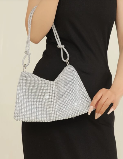 Rhinestone Decor Glitter Bling Silver Hobo Bag with Shoulder Strap - Spunkz