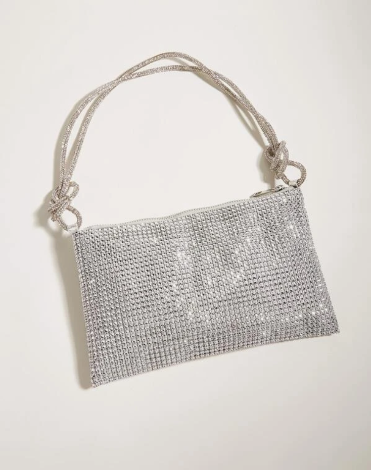 Silver Rhinestone Rope Bag with Faux Pearl Accents