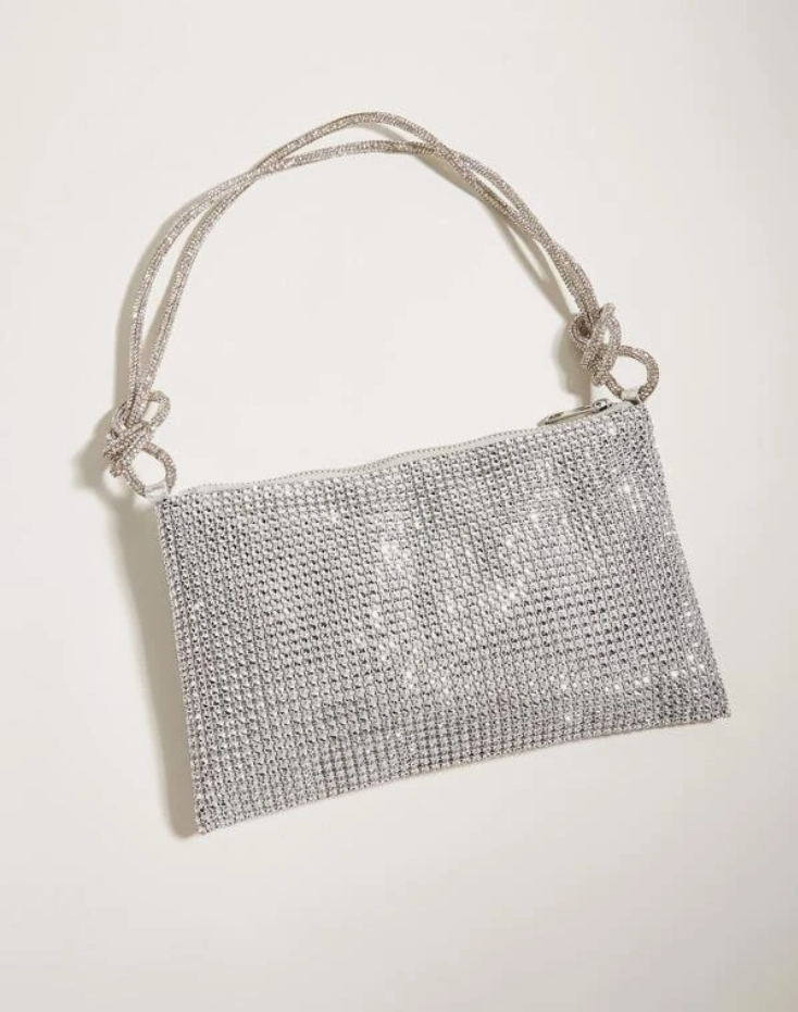 Silver Rhinestone Rope Bag with Faux Pearl Accents - Spunkz