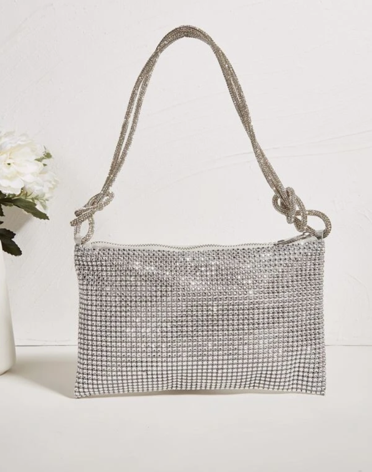 Silver Rhinestone Rope Bag with Faux Pearl Accents