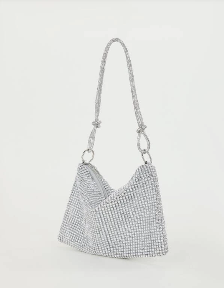 Rhinestone Decor Glitter Bling Silver Hobo Bag with Shoulder Strap - Spunkz