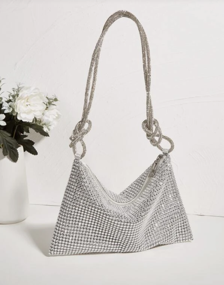 Silver Rhinestone Rope Bag with Faux Pearl Accents - Spunkz