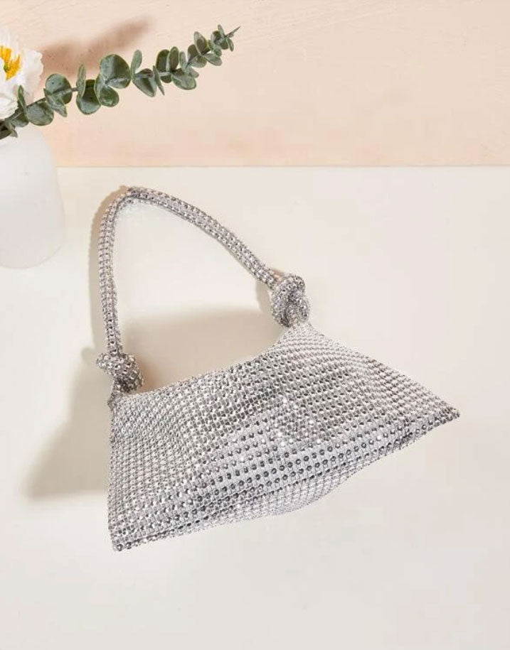 Rhinestone Decor Silver Glamorous Twisted Rope Hobo Bag - Spunkz