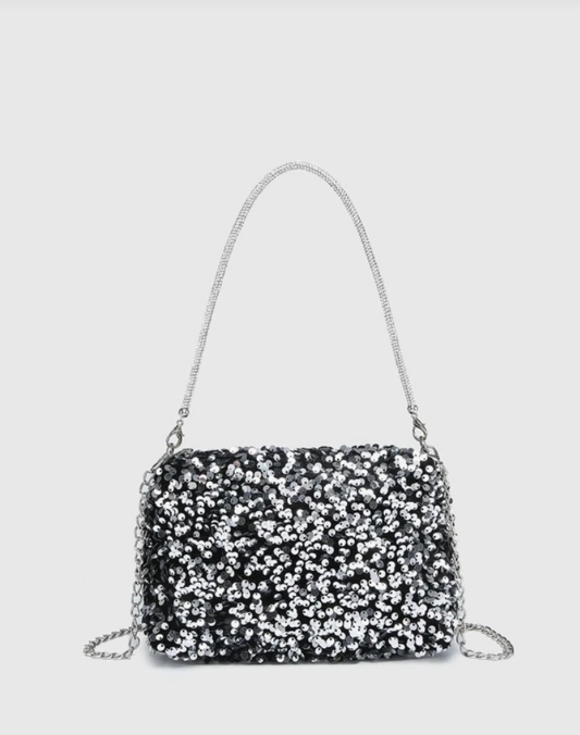 Silver Glitter Bling Shiny Sequin Square Bag with Decor Chain