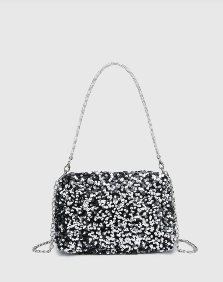 Silver Glitter Bling Shiny Sequin Square Bag with Decor Chain - Spunkz