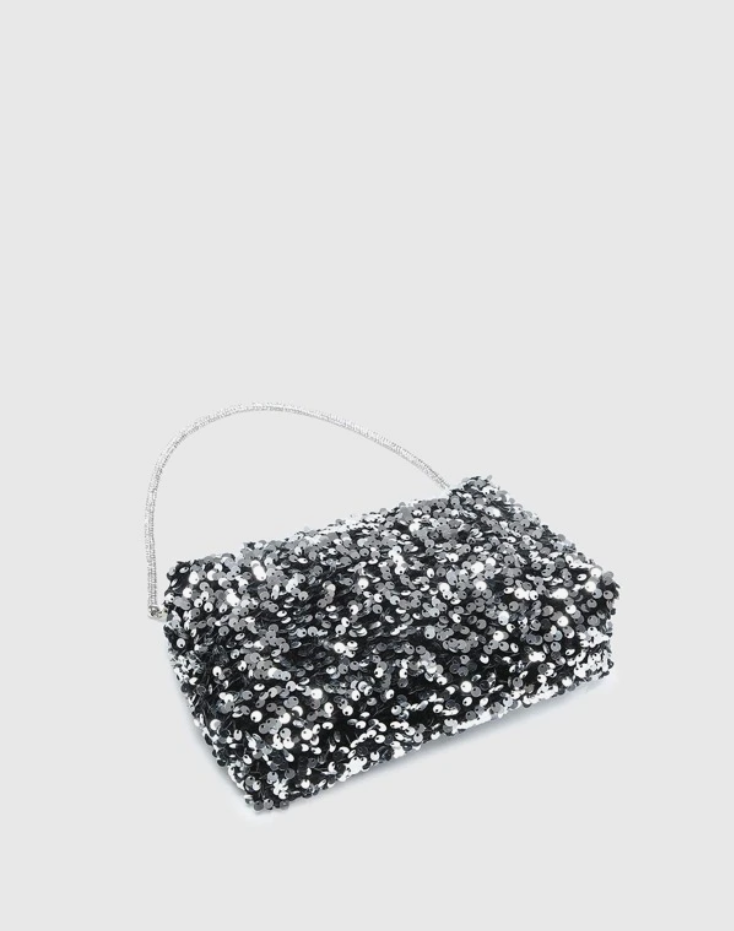 Silver Glitter Bling Shiny Sequin Square Bag with Decor Chain - Spunkz