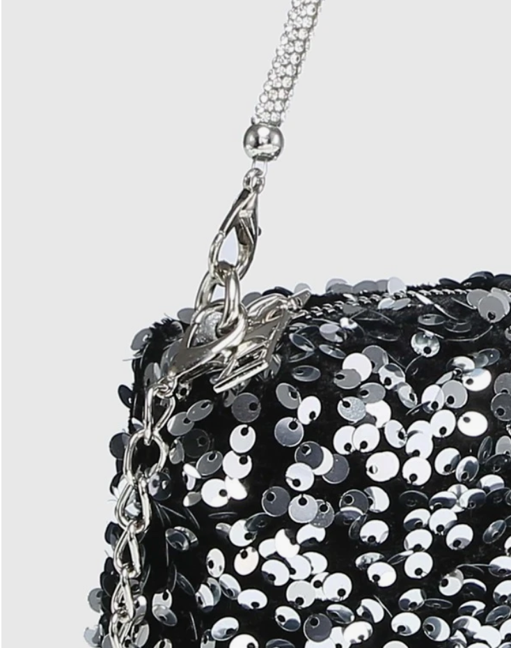 Silver Glitter Bling Shiny Sequin Square Bag with Decor Chain - Spunkz