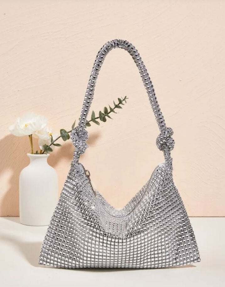 Rhinestone Decor Silver Glamorous Twisted Rope Hobo Bag - Spunkz