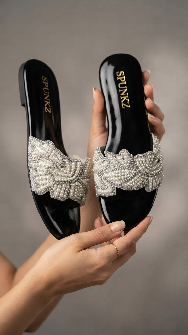 Black Pearls Flat Slides