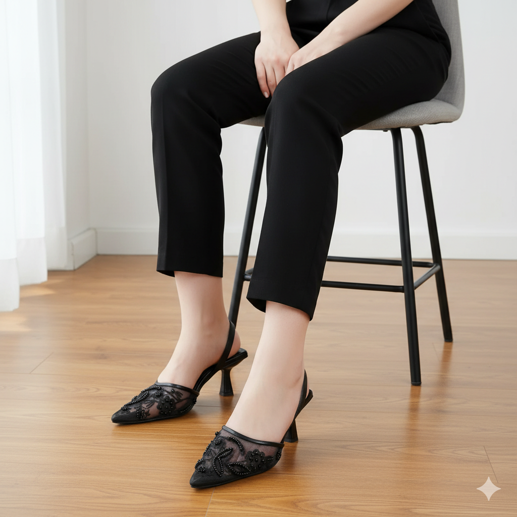 Black Floral Embroidery Slingback Heels