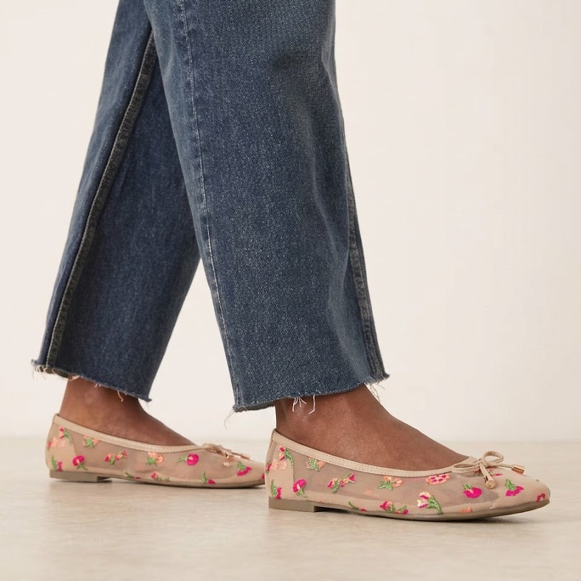 Beige Floral Embroidery Ballet Pumps