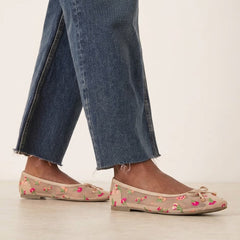 Beige Floral Embroidery Ballet Pumps