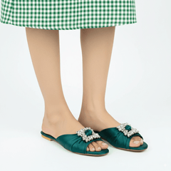 Green Brooch Flat Slippers (11033) - Spunkz