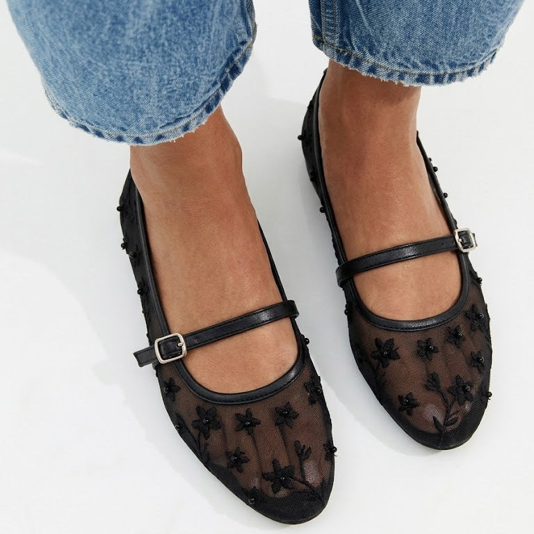 Black Mesh Floral Ballet Flats 90052